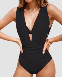 Amelie | Eleganter formender Badeanzug mit tiefem V-Ausschnitt in Schwarz