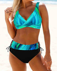 Samantha – Hohe Taille bunter Bikini Badeanzug in Cyan