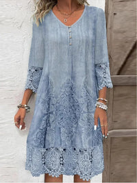 Nora | Damen Boho Blumen-Tunika Kleid mit Spitzenärmeln in Blau