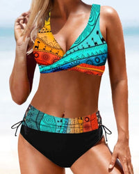 Samantha – Hohe Taille bunter Bikini Badeanzug in Bunt