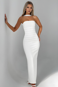 Deborah - Strapless Bandage-Maxikleid mit Chiffon-Halterdrape in Weiß