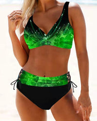 Samantha – Hohe Taille bunter Bikini Badeanzug in Grün