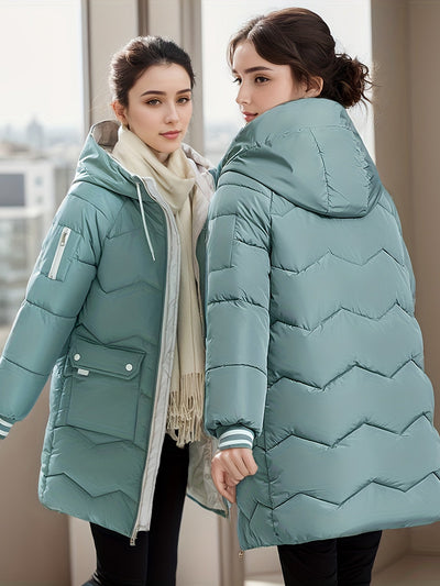 Langer lässiger Wintermantel mit Kordelzug und Klappentaschen für Damen |  Ideal für den Winter