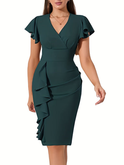 Lässiges Baumwollkleid mit Rüschen-Saum, V-Ausschnitt und kurzen Ärmeln für Damen | Ideal für den Sommer