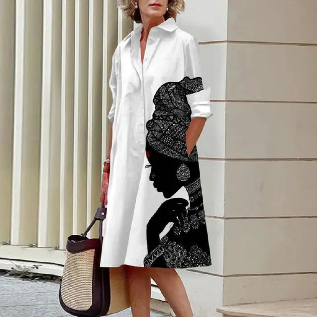 Liese™| Weißes Hemdkleid mit kraftvollem Silhouetten-Print