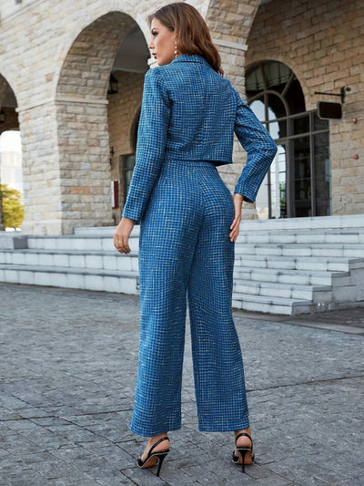 Stylisches Tweed Crop Blazer Set in Blau mit Hose für Damen | Ideal für jeden Tag