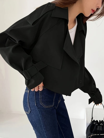 Lässiger Schwarzer Kurzer Trenchcoat mit Doppelt-Knotendem Detail für Damen | Ideal für den Winter