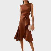 Aurélie | Damen Ärmelloses Midikleid Drapiert Asymmetrisch Elegant Modern in Kaffee
