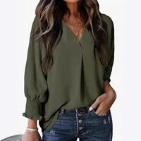 Damen Bluse Kurzarm | V-Ausschnitt Sommer Bluse Elegant & Casual in Dunkelgrün