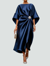Martina | Damen Elegantes Drapiertes Maxi Kleid Mit Brosche in Marineblau