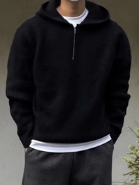 CAELAN – Der elegante strick-hoodie mit halbem zipper in Schwarz