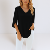 Sophie | Damen Bluse V-Ausschnitt Geschlitzte Ärmel Elegant Raffiniert in Schwarz