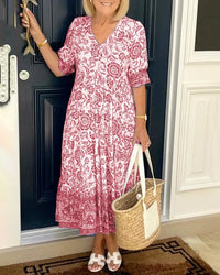 Meike | Damen Bohemian Kleid V-Ausschnitt Boho Romantic Sommer in Rosa