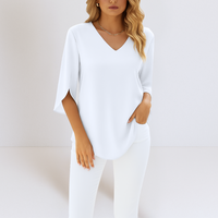 Sophie | Damen Bluse V-Ausschnitt Geschlitzte Ärmel Elegant Raffiniert in Weiß