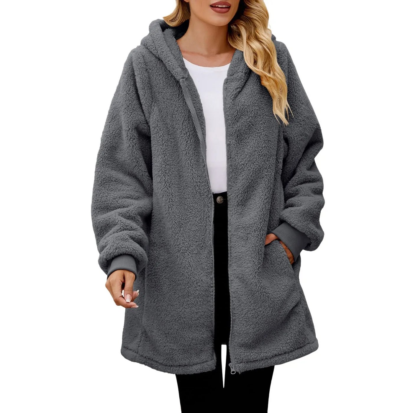Warme Teddyjacke Damen mit Taschen und lockerer Passform