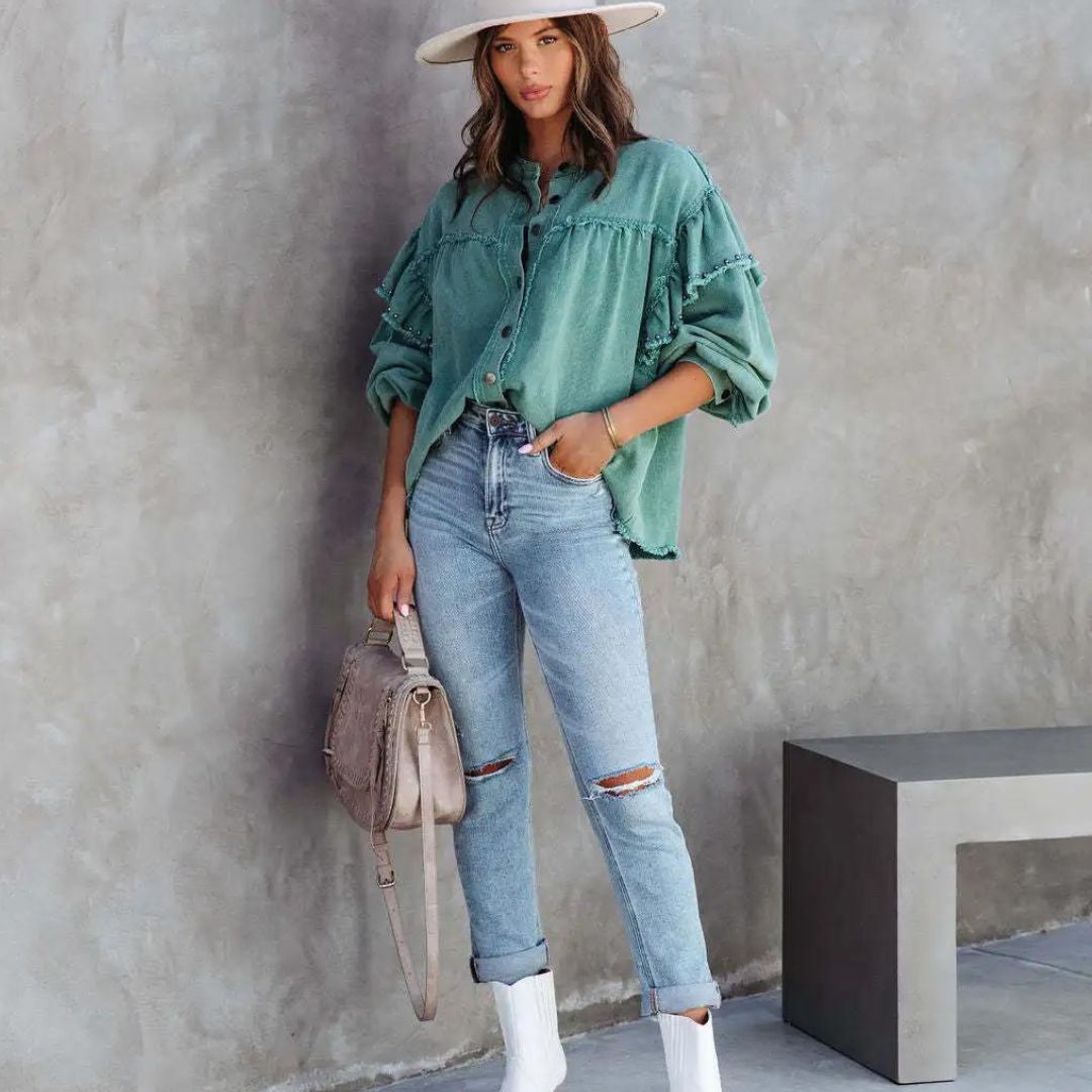 Cassidia | Denim-Jacke mit Studs und Laternärmeln