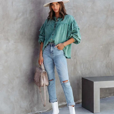 Cassidia | Denim-Jacke mit Studs und Laternärmeln