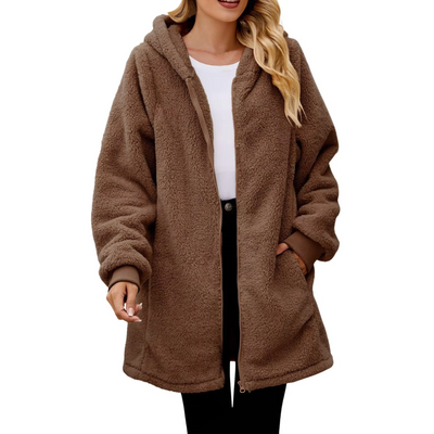 Trevalé - Langer Teddy-Jacke Damen mit Kapuze und Reißverschluss