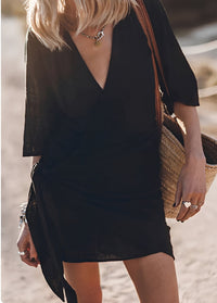 Allie | Damen Wickelkleid Locker V-Ausschnitt Feminin Sommer Romantic in Schwarz