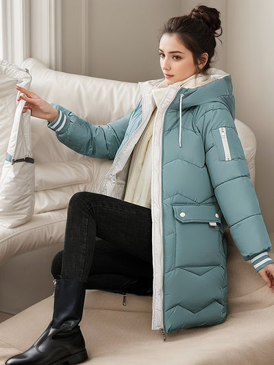 Langer lässiger Wintermantel mit Kordelzug und Klappentaschen für Damen |  Ideal für den Winter