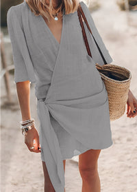 Allie | Damen Wickelkleid Locker V-Ausschnitt Feminin Sommer Romantic in Grau