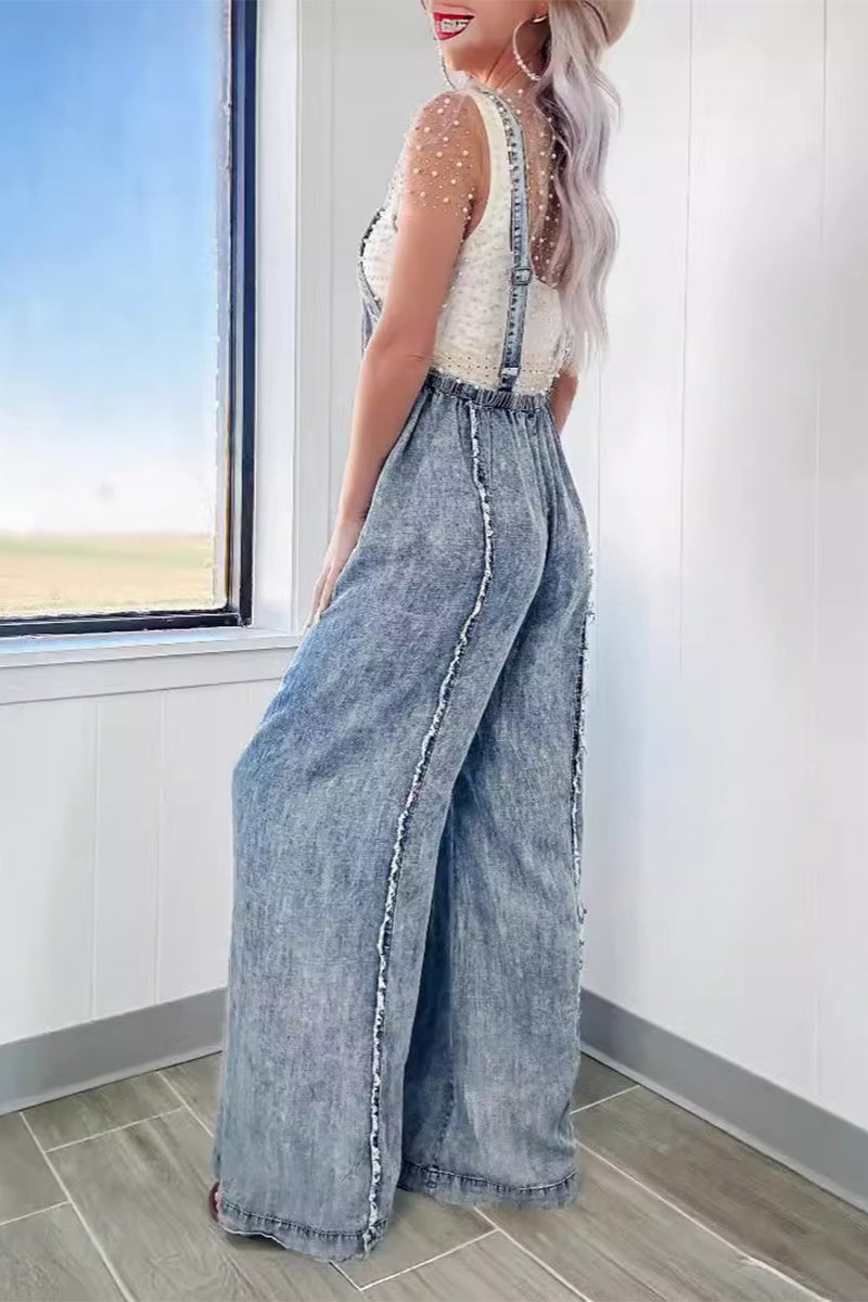 Fudus | Street Solide Patchwork Rückenfreies Quadratkragen Ärmelloses Lockeres Denim-Overall