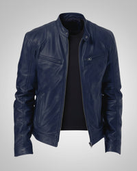 Ralf | Herren Leder-Bikerjacke mit Reissverschluss in Blau