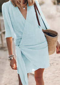 Allie | Damen Wickelkleid Locker V-Ausschnitt Feminin Sommer Romantic in Hellblau