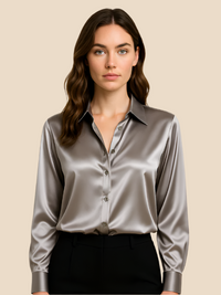 Adriana | Damen Satinbluse Langarm Hemdkragen Luxuriös Business Elegant in Grau