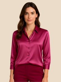 Adriana | Damen Satinbluse Langarm Hemdkragen Luxuriös Business Elegant in Rosa