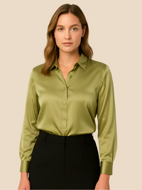 Adriana | Damen Satinbluse Langarm Hemdkragen Luxuriös Business Elegant in Hellgrün