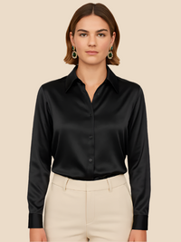Adriana | Damen Satinbluse Langarm Hemdkragen Luxuriös Business Elegant in Schwarz