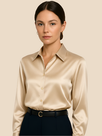 Adriana | Damen Satinbluse Langarm Hemdkragen Luxuriös Business Elegant in Aprikose