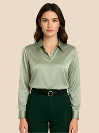 Adriana | Damen Satinbluse Langarm Hemdkragen Luxuriös Business Elegant in Grün