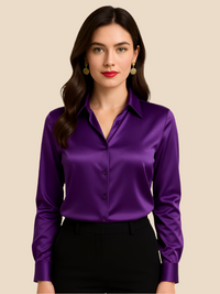 Adriana | Damen Satinbluse Langarm Hemdkragen Luxuriös Business Elegant in Lila