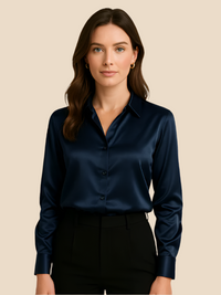 Adriana | Damen Satinbluse Langarm Hemdkragen Luxuriös Business Elegant in Marineblau