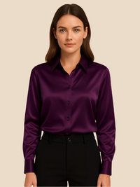 Adriana | Damen Satinbluse Langarm Hemdkragen Luxuriös Business Elegant in Dunkelviolett