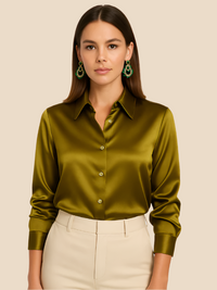 Adriana | Damen Satinbluse Langarm Hemdkragen Luxuriös Business Elegant in Gelb