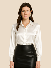 Adriana | Damen Satinbluse Langarm Hemdkragen Luxuriös Business Elegant in Weiß
