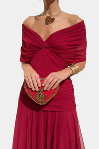 Inés | Langes Blumenkleid mit V-Ausschnitt in Rot