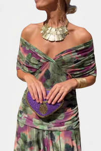Inés | Langes Blumenkleid mit V-Ausschnitt in Grün/Lila
