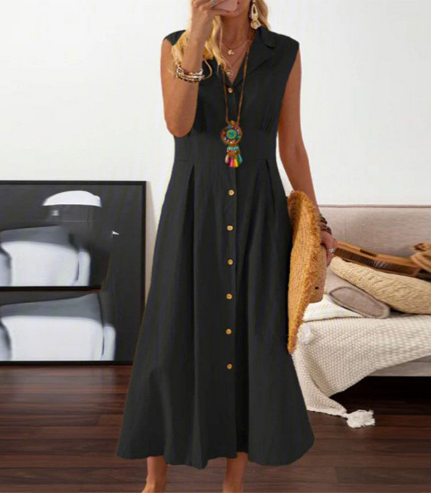 Damen ärmelloses Midikleid mit Knopfleiste für den Sommer