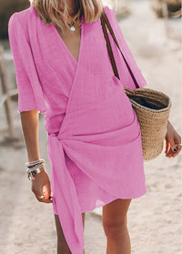 Allie | Damen Wickelkleid Locker V-Ausschnitt Feminin Sommer Romantic in Rosa