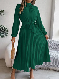 Damen Langarm Falten Kleid mit Gürtel in Grün