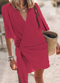 Allie | Damen Wickelkleid Locker V-Ausschnitt Feminin Sommer Romantic in Rot