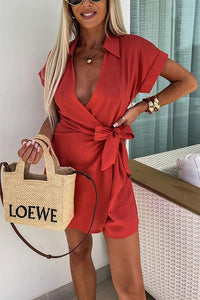 Saskia | Lässiger Leinen-Jumpsuit mit Revers in Rot