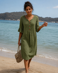 Éliane - Elegantes Knopf-V-Ausschnitt-Kleid in Grün