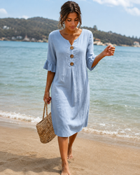 Éliane - Elegantes Knopf-V-Ausschnitt-Kleid in Blau