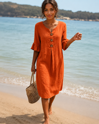 Éliane - Elegantes Knopf-V-Ausschnitt-Kleid in Orange