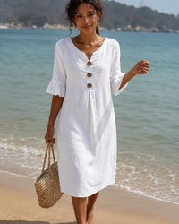 Éliane - Elegantes Knopf-V-Ausschnitt-Kleid in Weiß